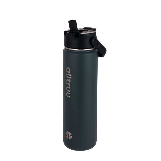 Charcoal water bottle with a straw lid