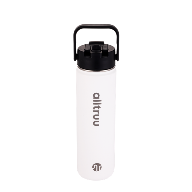 White water bottle with black lid, featuring the 'alltruu' brand.