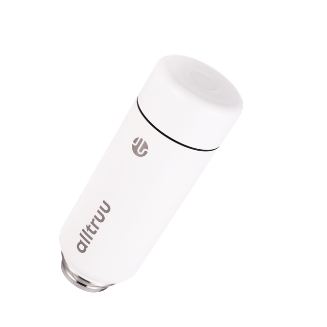 White water bottle with 'alltruu' branding bottom view