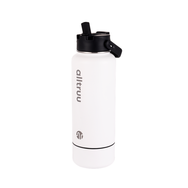 White water bottle with black lid and branding