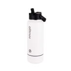 White water bottle with black lid and branding